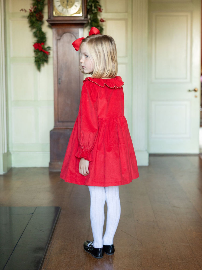 Elizabeth Blackwell Dress Crimson Needlecord with Gold Coin Hand Smocking