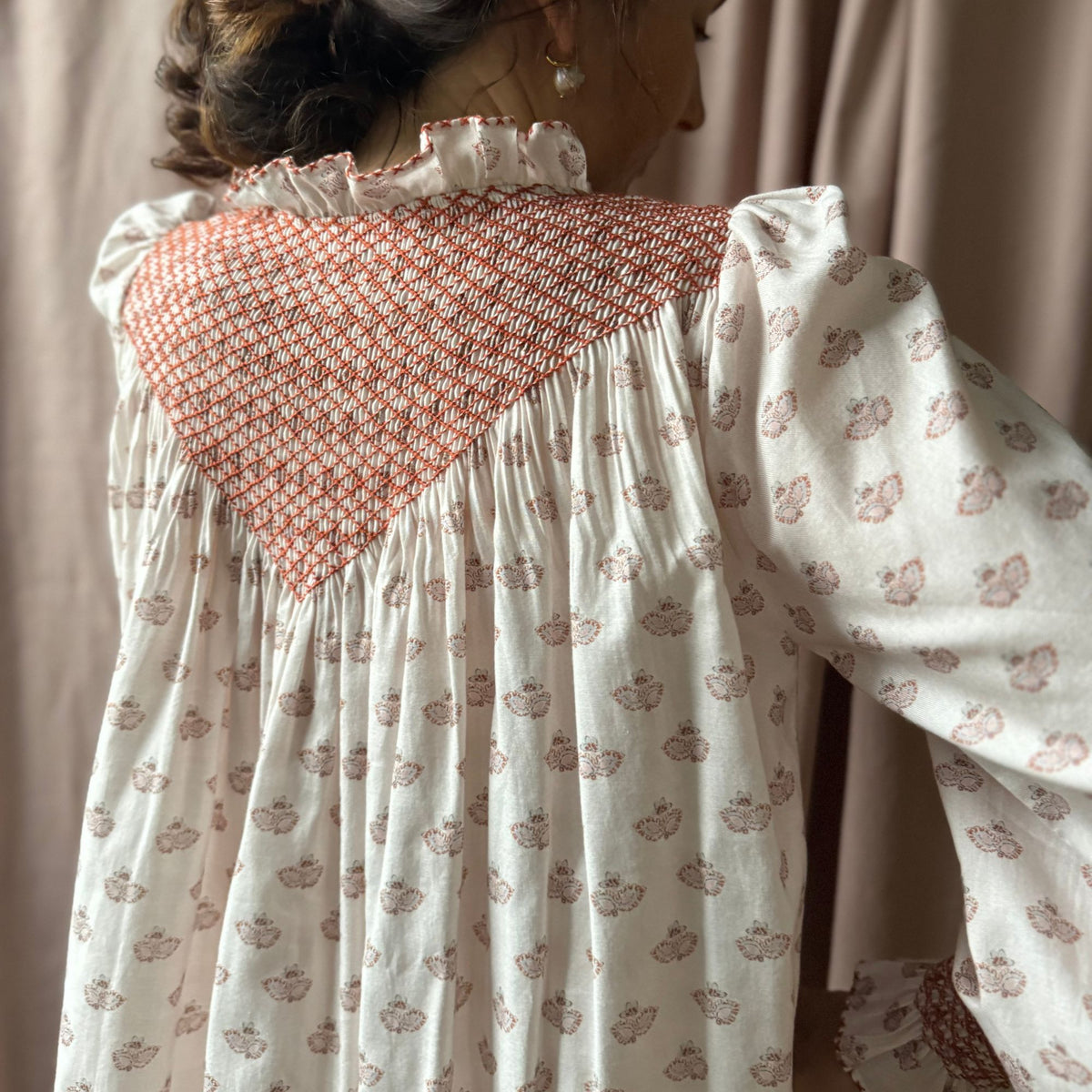 Large Rosa Parks Blouse Terracotta Paisley Brushed Cotton With Butterscotch Smocking Edition 6