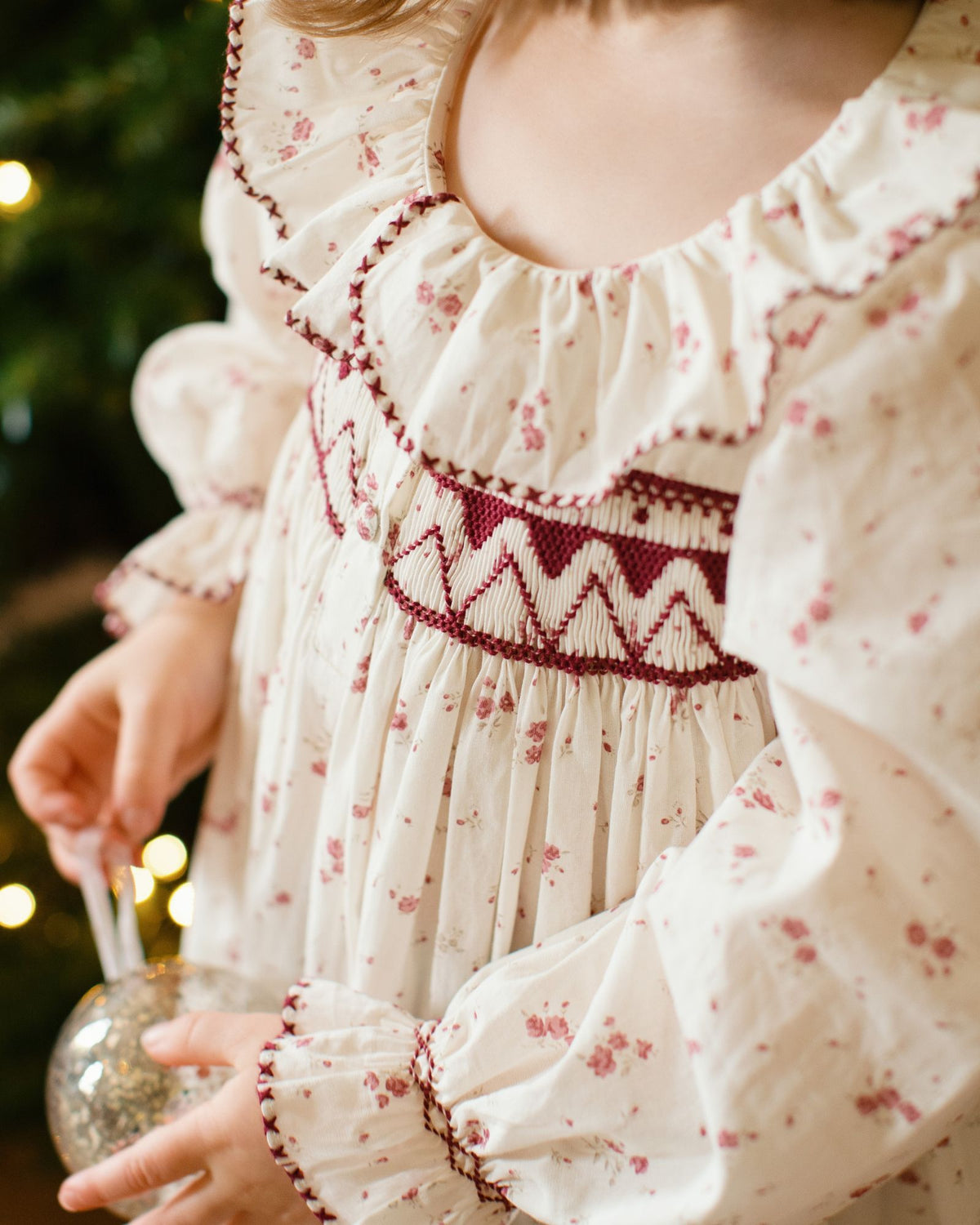 Nightingale Girl's Dress Yuletide Floral with Cranberry Hand Smocking
