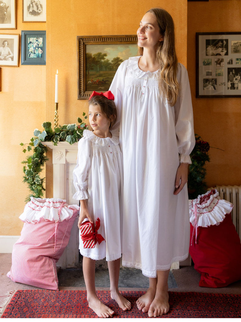 Nightingale Women's Dress Moonstone Cotton with Lattice Smocking and Embroidered Heart Buttons