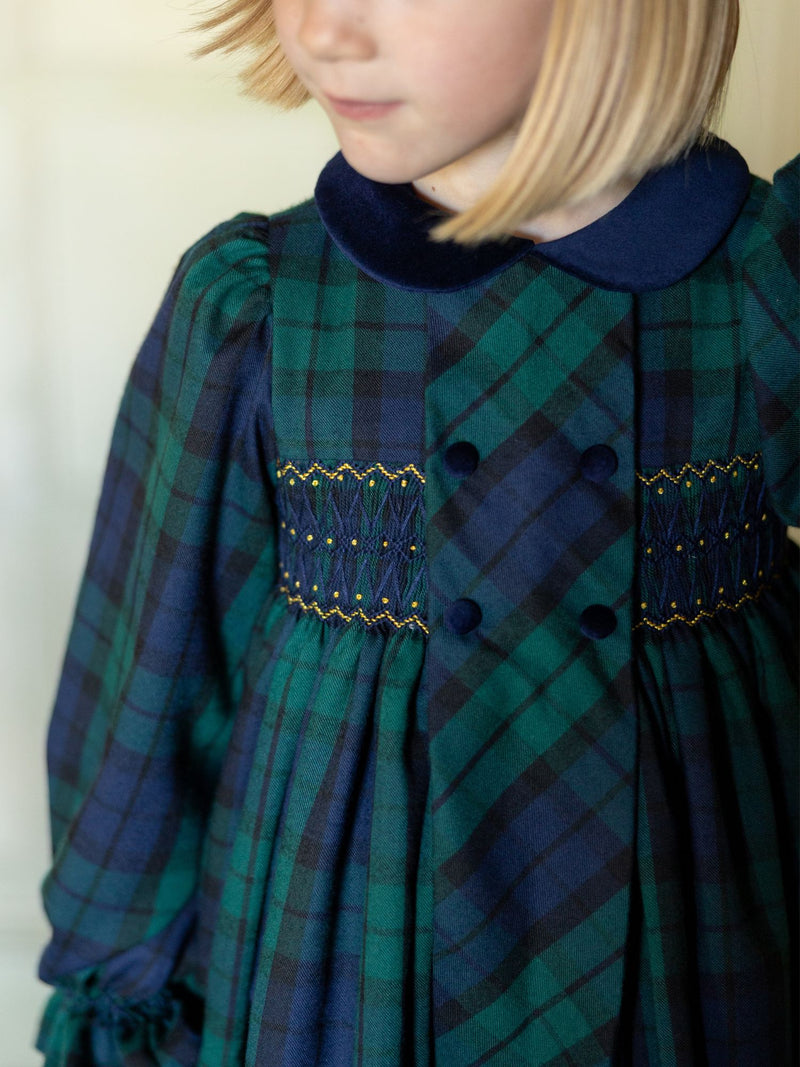 Margaret Thatcher Dress Black Watch Tartan with Golden Glimmer Hand Smocking