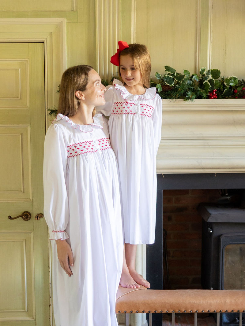 Nightingale Women's Dress Moonstone with Red Hearts Hand Smocking