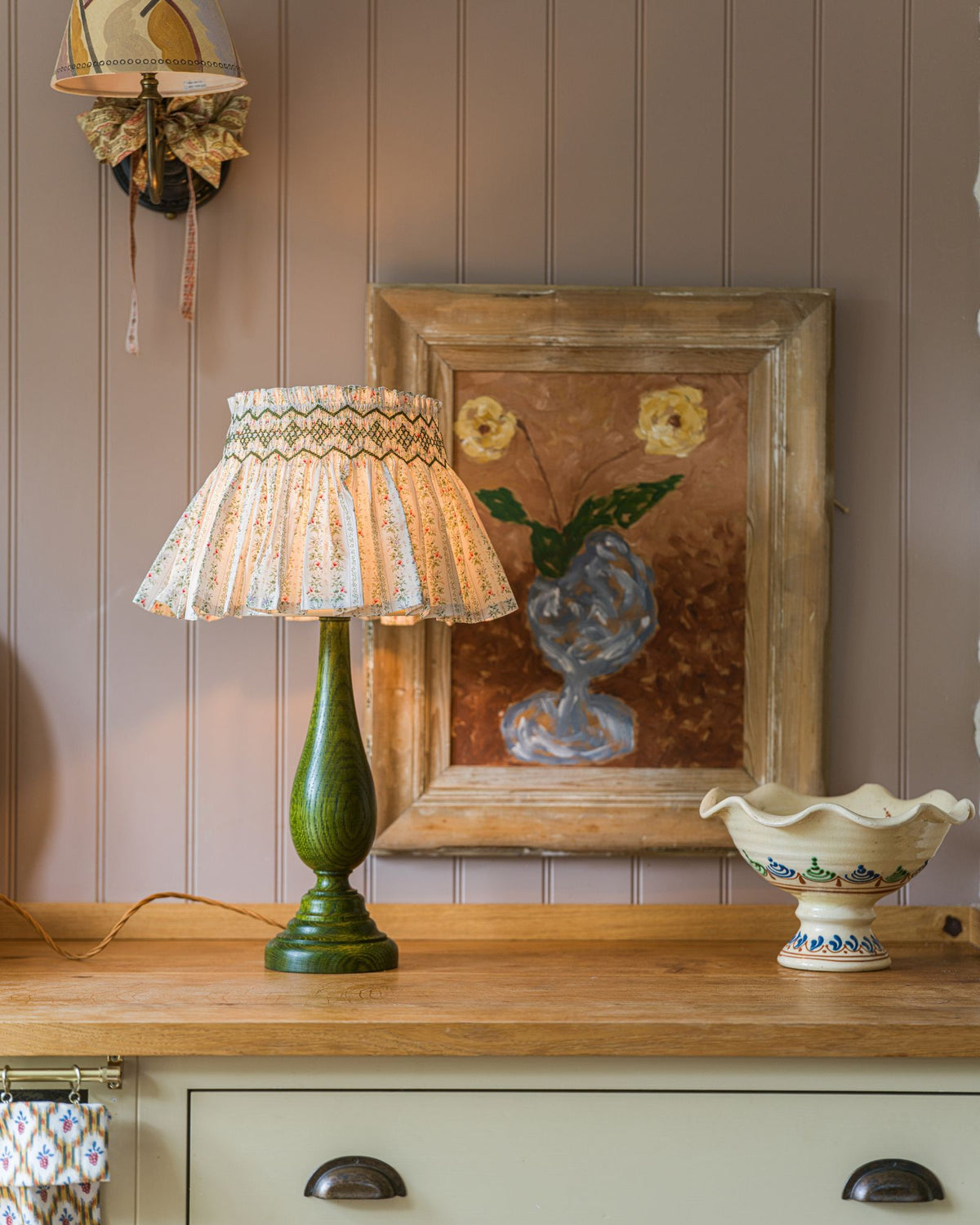 Edit58 x Smock London Elsie Lampshade Secret Garden Trellis with Sage Hand Smocking