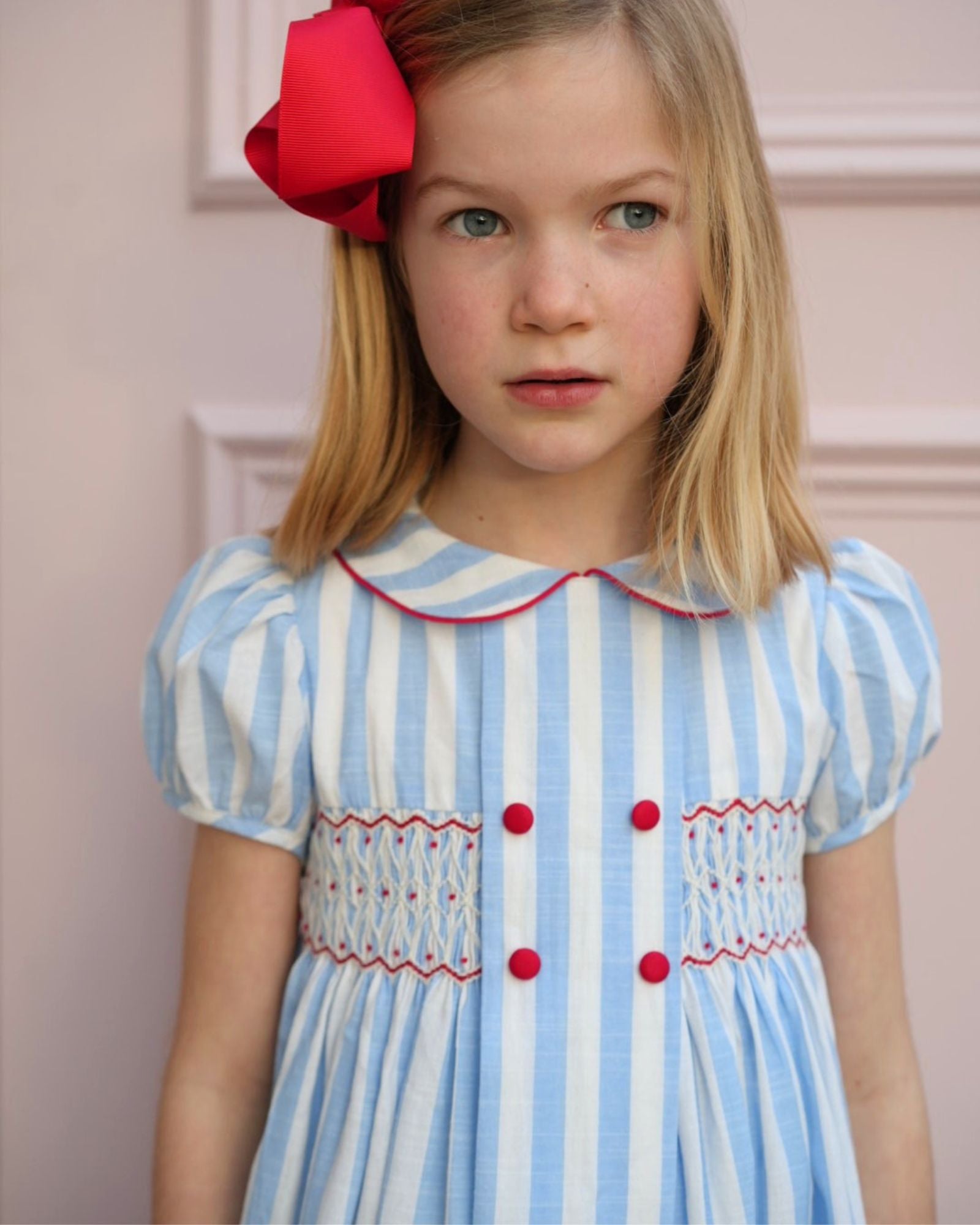 Thatcher Dress Sailor Stripe with White Heart Hand Smocking