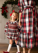 Jane Austen Romper Stewart Tartan with Sleigh Bell Hand Smocking