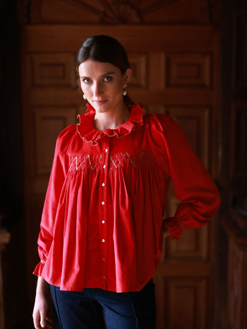 Betsy Fry Blouse Crimson Needlecord with Gold Coin Hand Smocking