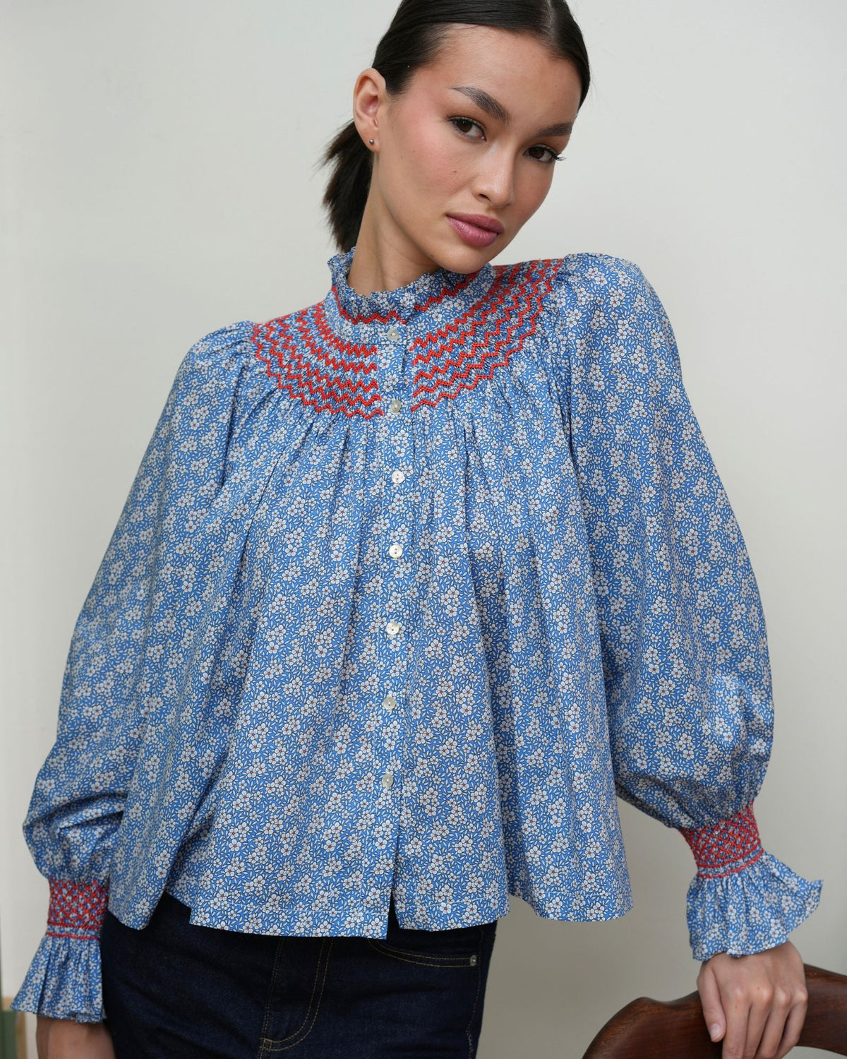 Scholl Blouse Royal Blue Daisy Cotton Lawn with Poppy Hand Smocking Edition 77