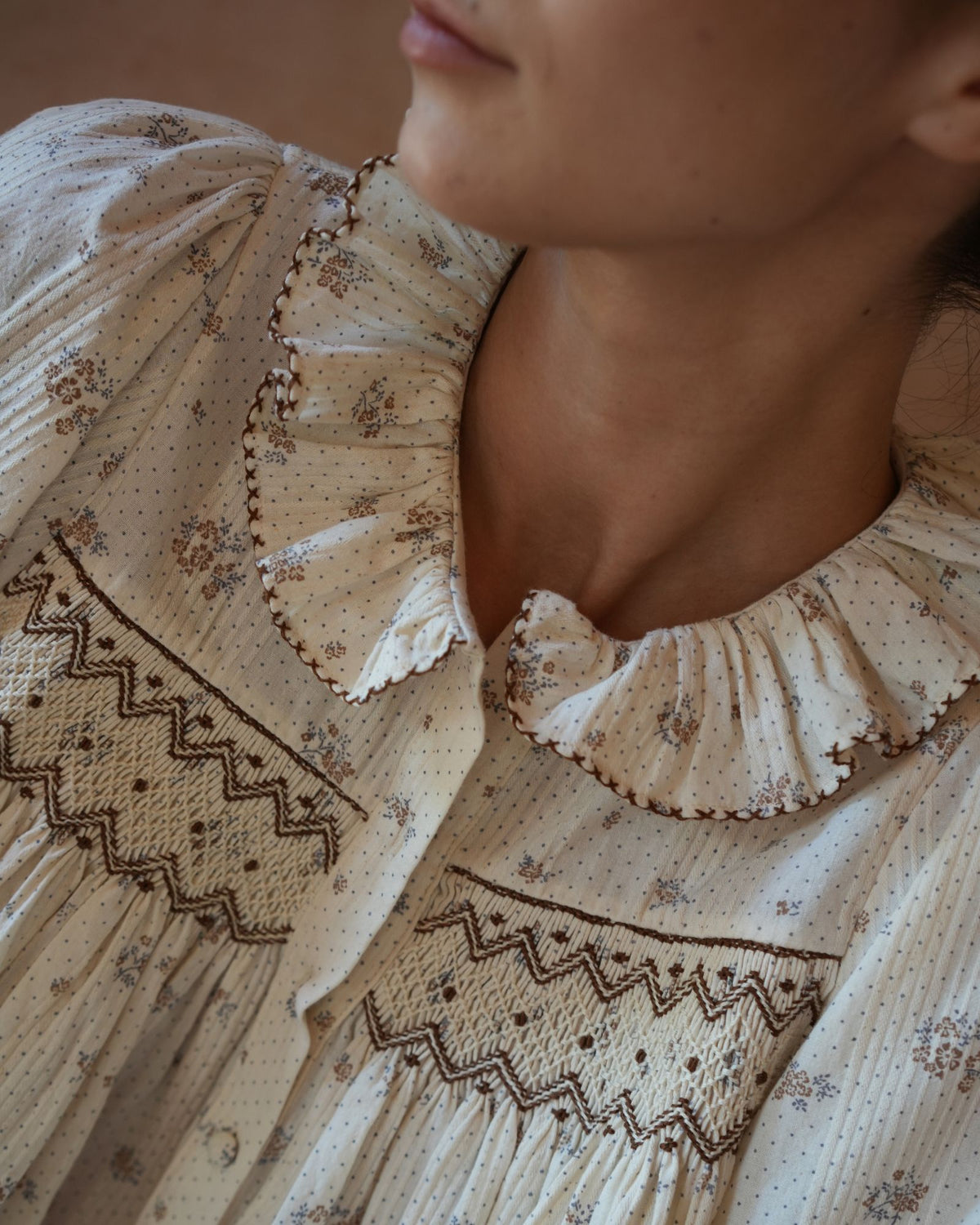Marie Curie Blouse Tea Posie with Toffee Cream Hand Smocking