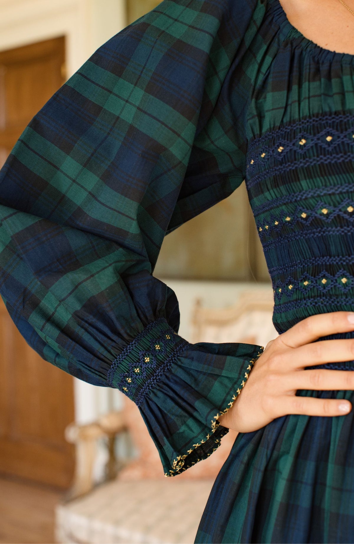 Earhart Dress Blackwatch Tartan with Midnight Star Hand Smocking