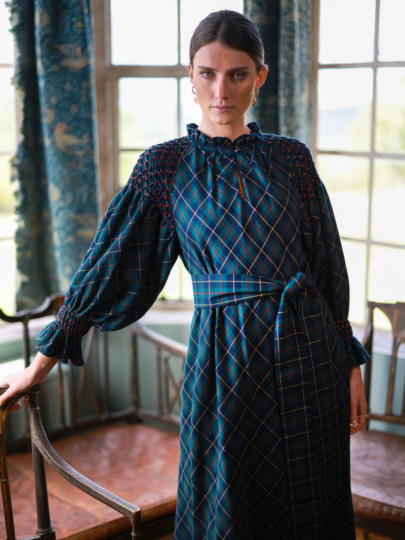 Aloha Wanderwell Dress McLaren Tartan with Cranberry Hand Smocking