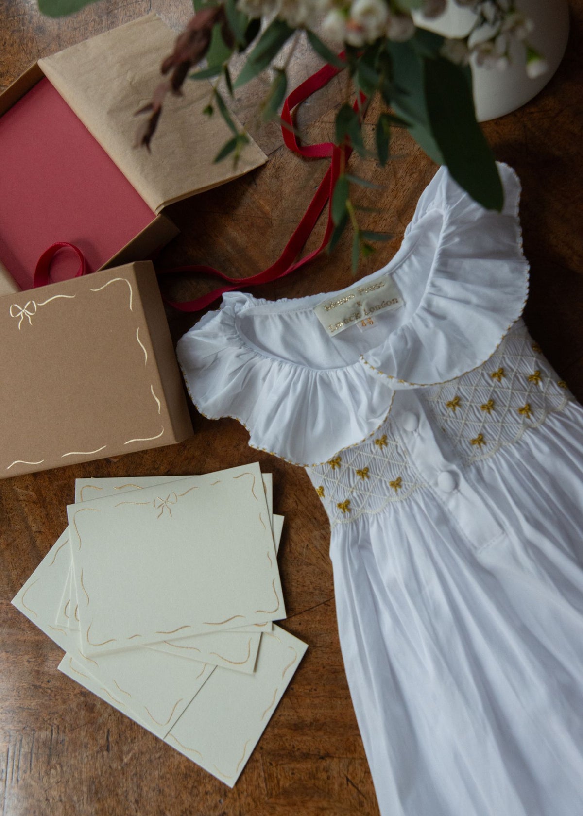 3-4y Memo Press x Smock London Nightingale Girls Dress Moonstone with Gold Bows Hand Smocking