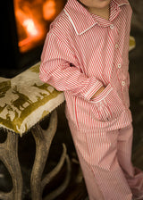 Samantha Varvel x Smock London Lilly Parr Pyjamas Gingerbread Stripes with Snow Trim and Hand Smocking