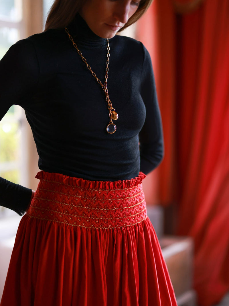 Sullivan Women's Skirt Crimson Needlecord with Gold Coin Hand Smocking