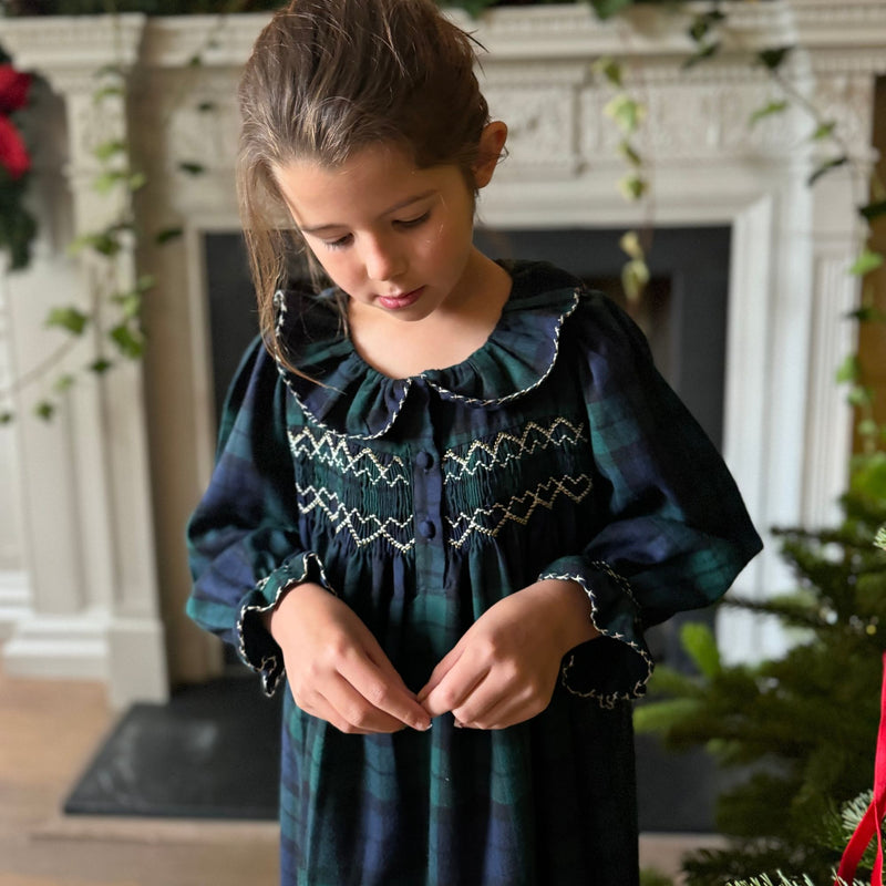 Nightingale Girls Dress Black Watch Tartan With Golden Hearts Hand Smocking