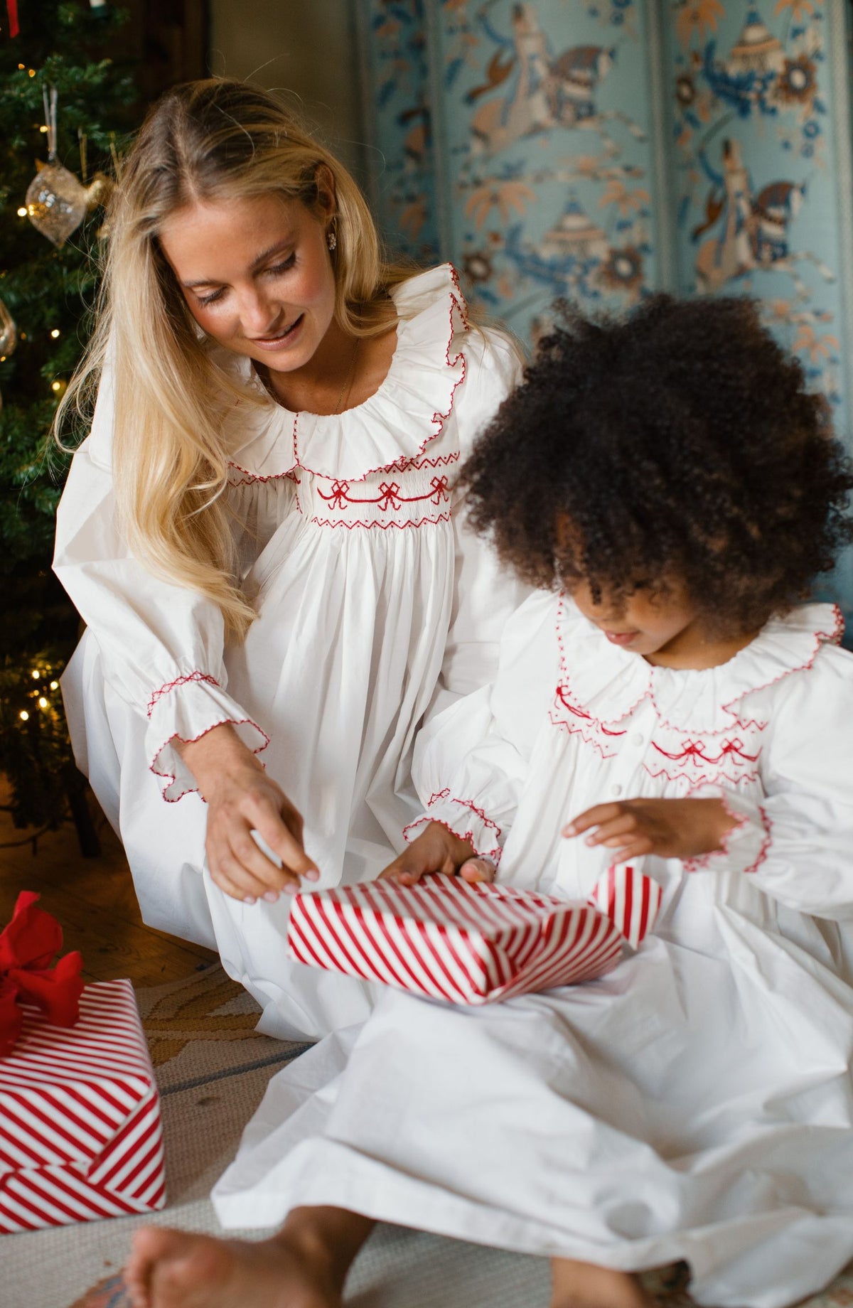 Nightingale Women's Dress Moonstone with Scarlet Bows Hand Smocking