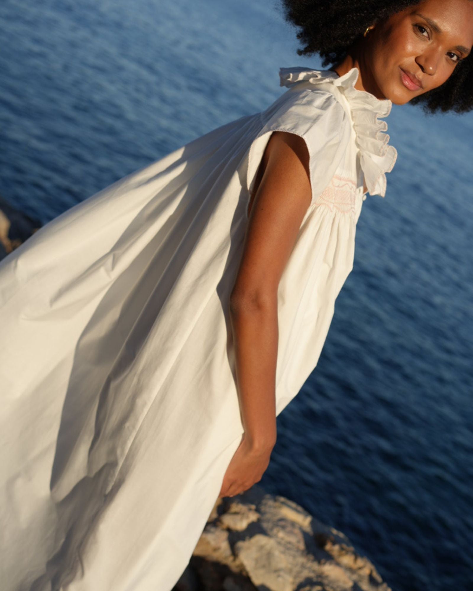 Nightingale Women's Short Sleeve Dress with Seashell Stacked Curves Hand Smocking