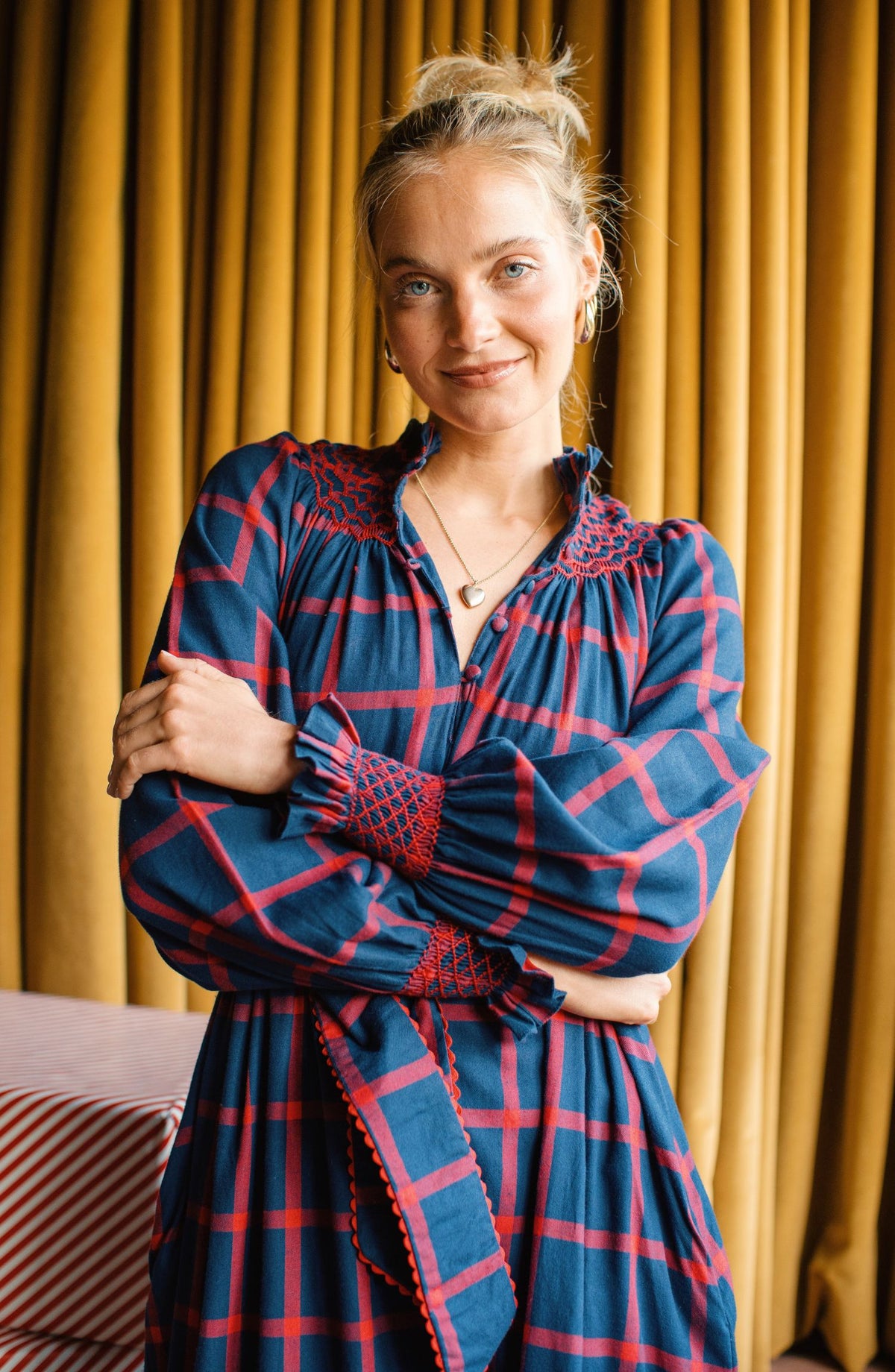 Colette Dress Chelsea Check with Crimson Hand Smocking