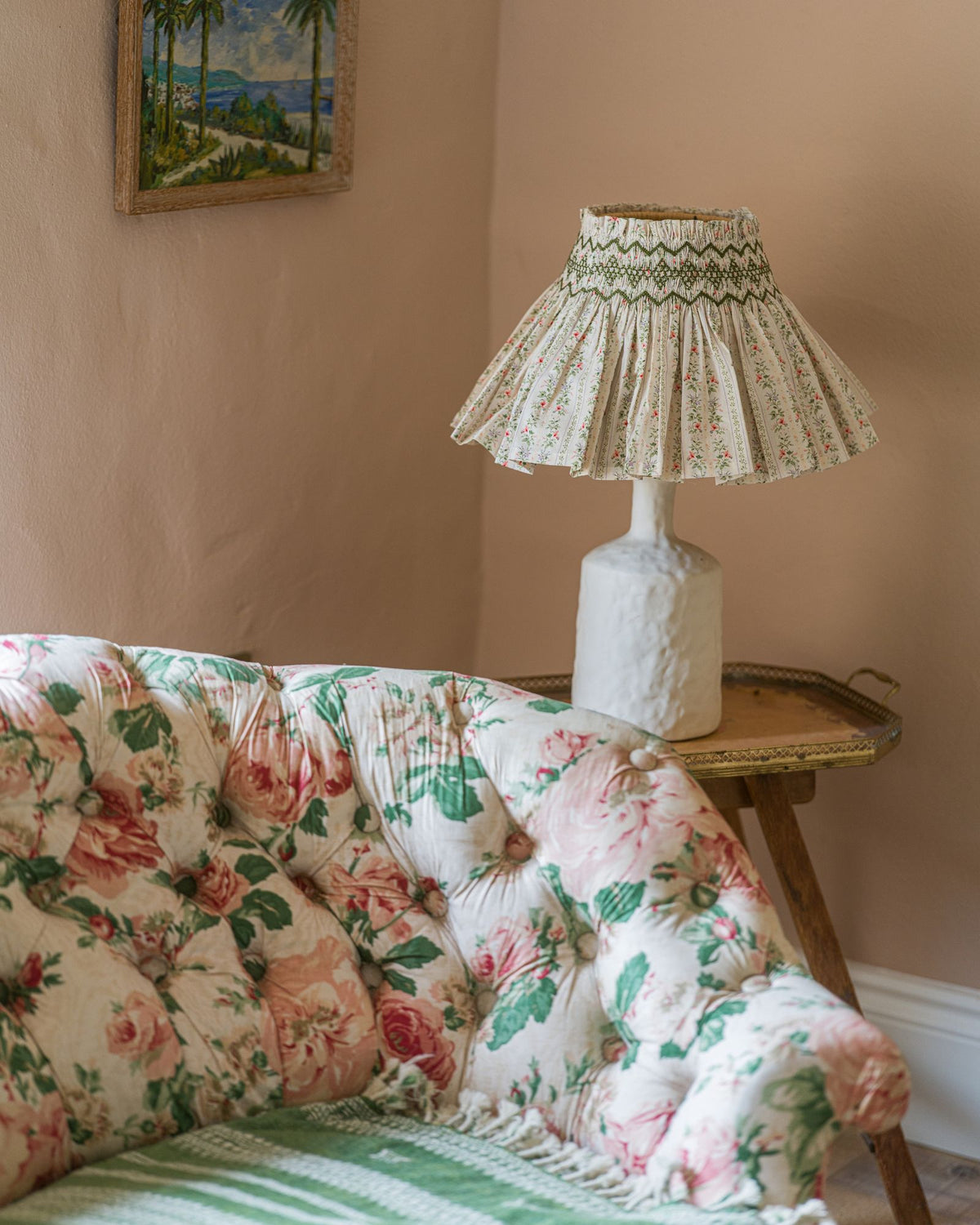 Edit58 x Smock London Elsie Lampshade Secret Garden Trellis with Sage Hand Smocking