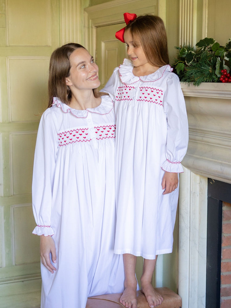 Nightingale Women's Dress Moonstone with Red Hearts Hand Smocking