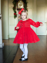 Elizabeth Blackwell Dress Crimson Needlecord with Gold Coin Hand Smocking