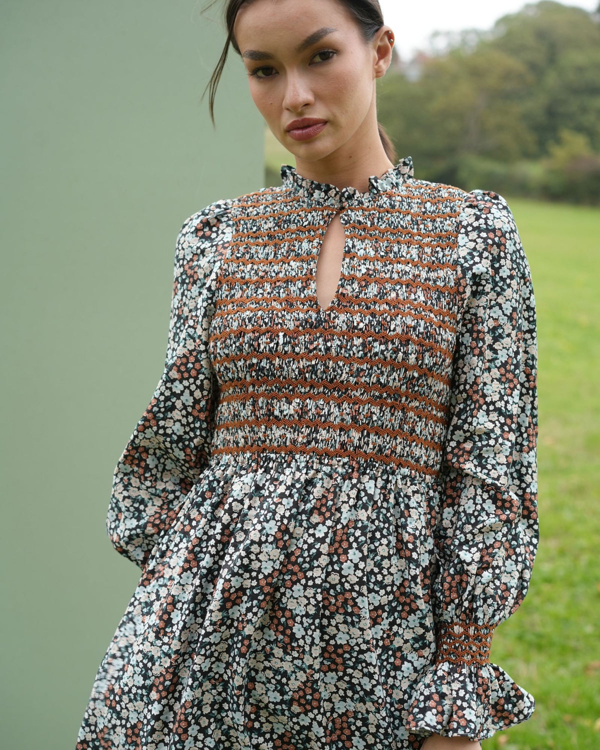 Emmeline Pankhurst Women's Dress Autumn Floral with Conker Hand Smocking