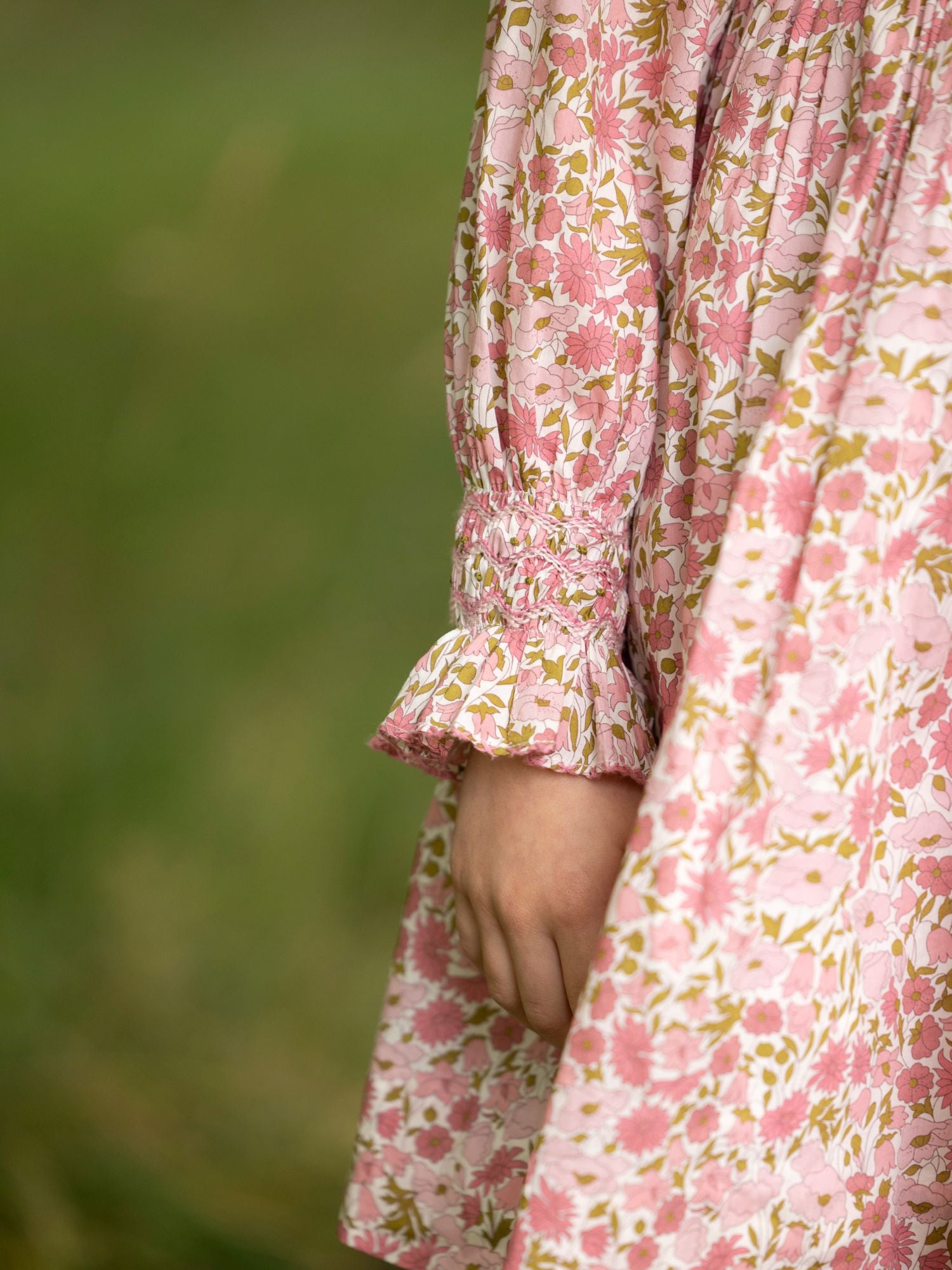 Antoinette Dress with Raspberry Crumble Hand Smocking made with Liberty Poppies & Daisies Fabric