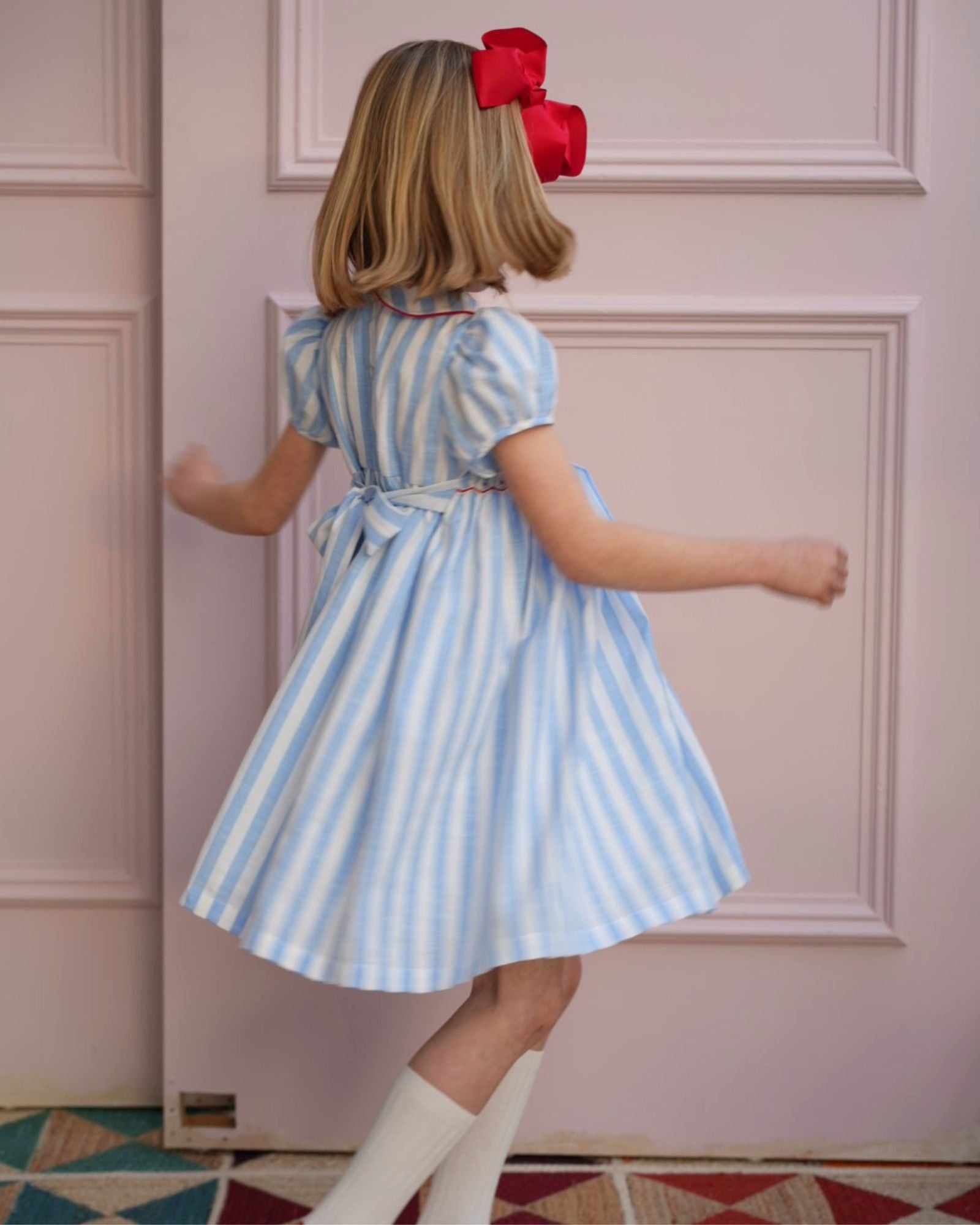 Thatcher Dress Sailor Stripe with White Heart Hand Smocking