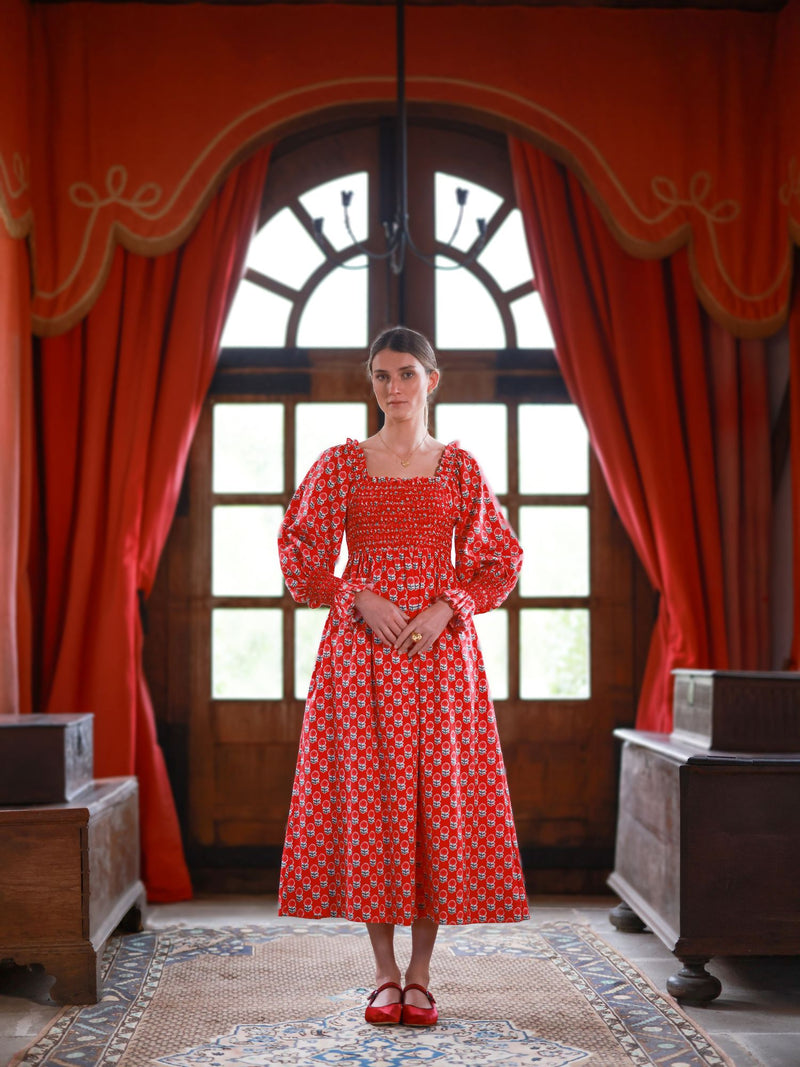 Josefine Butler Dress Christmas Marigold with Scarlet and Spice Hand Smocking