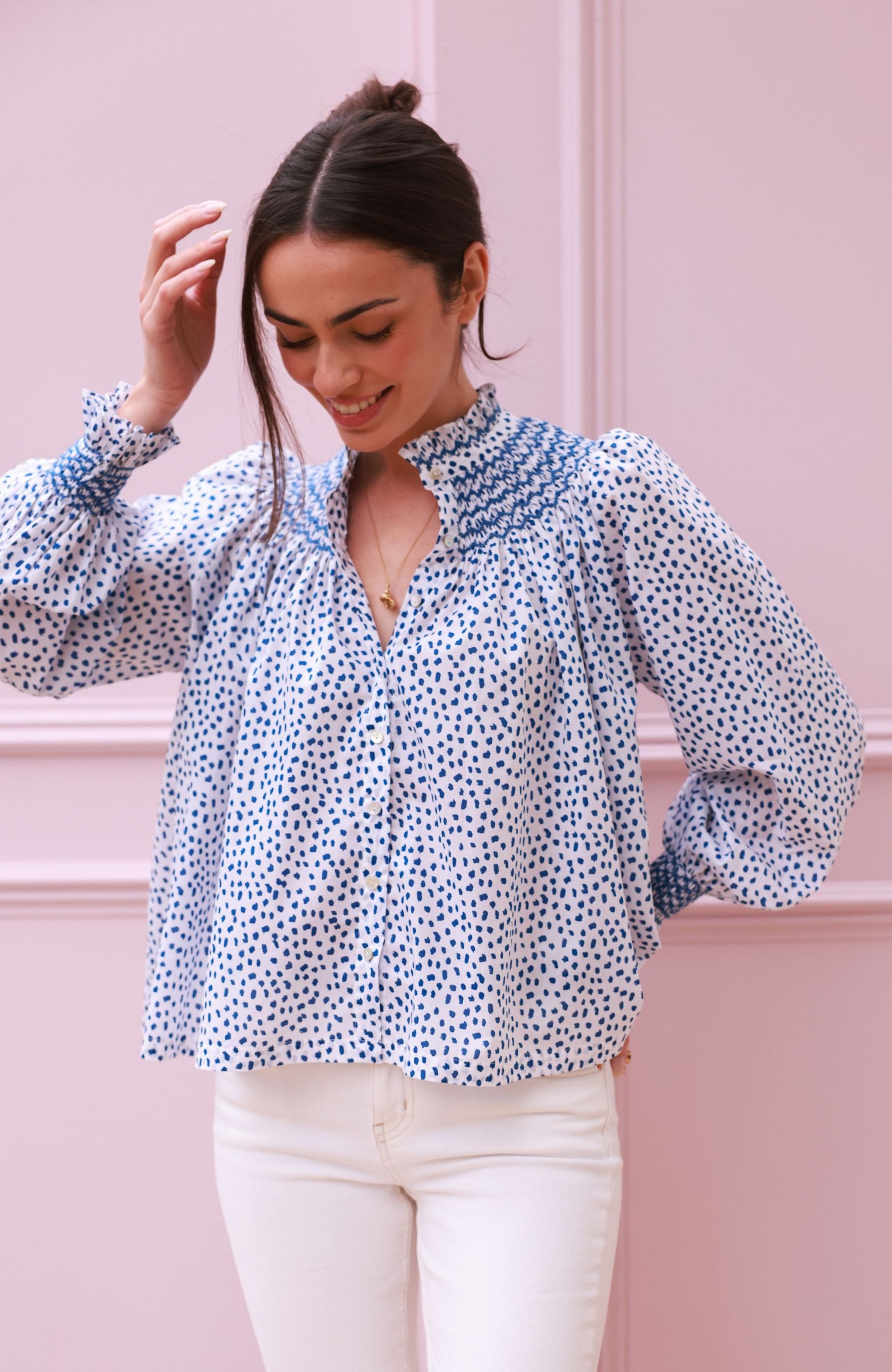 Scholl Blouse Blue Leopard with Sapphire Hand Smocking Edition 64
