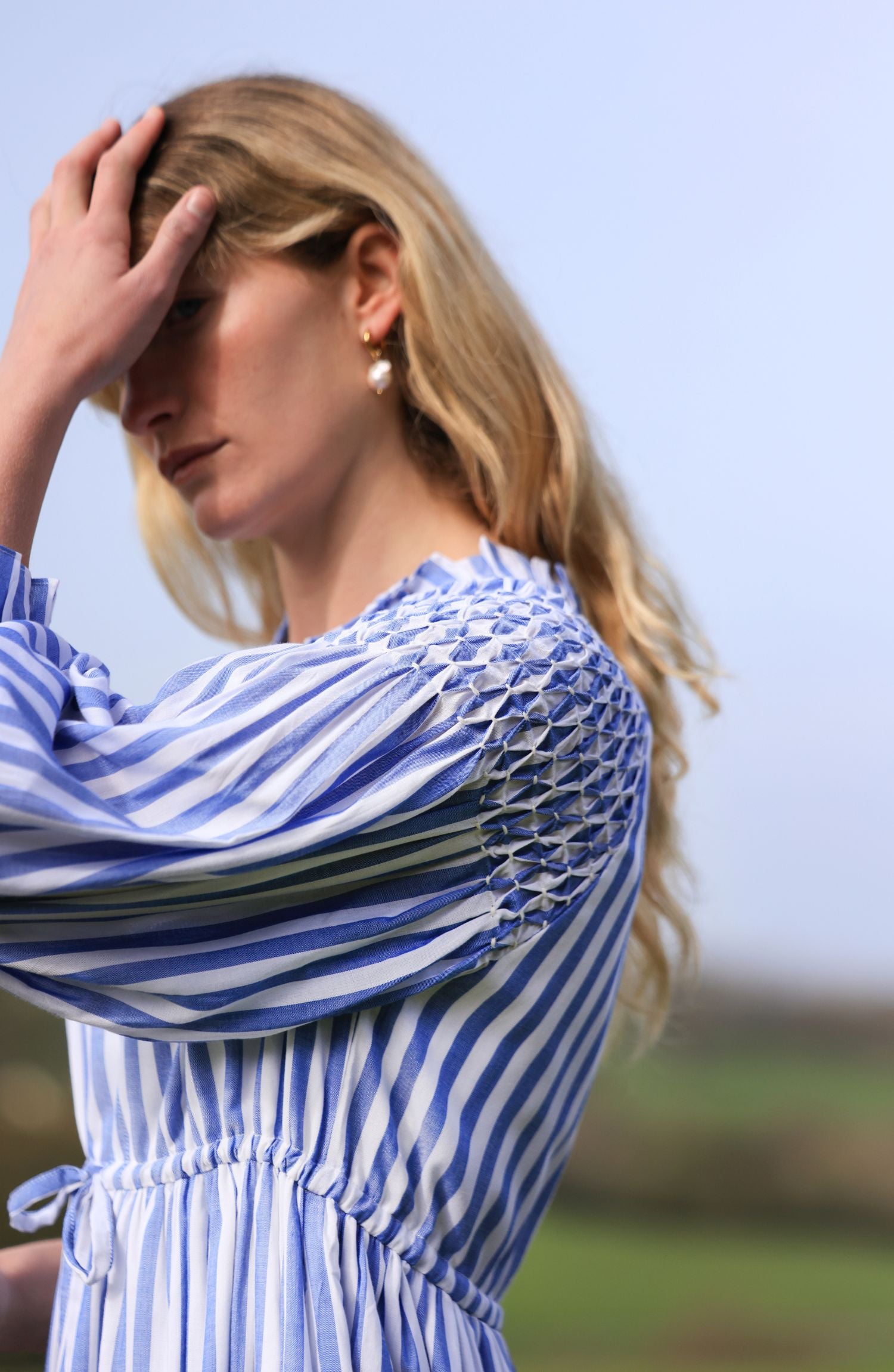 Aloha Wanderwell Dress Ocean Stripe with White Honeycomb Hand Smocking