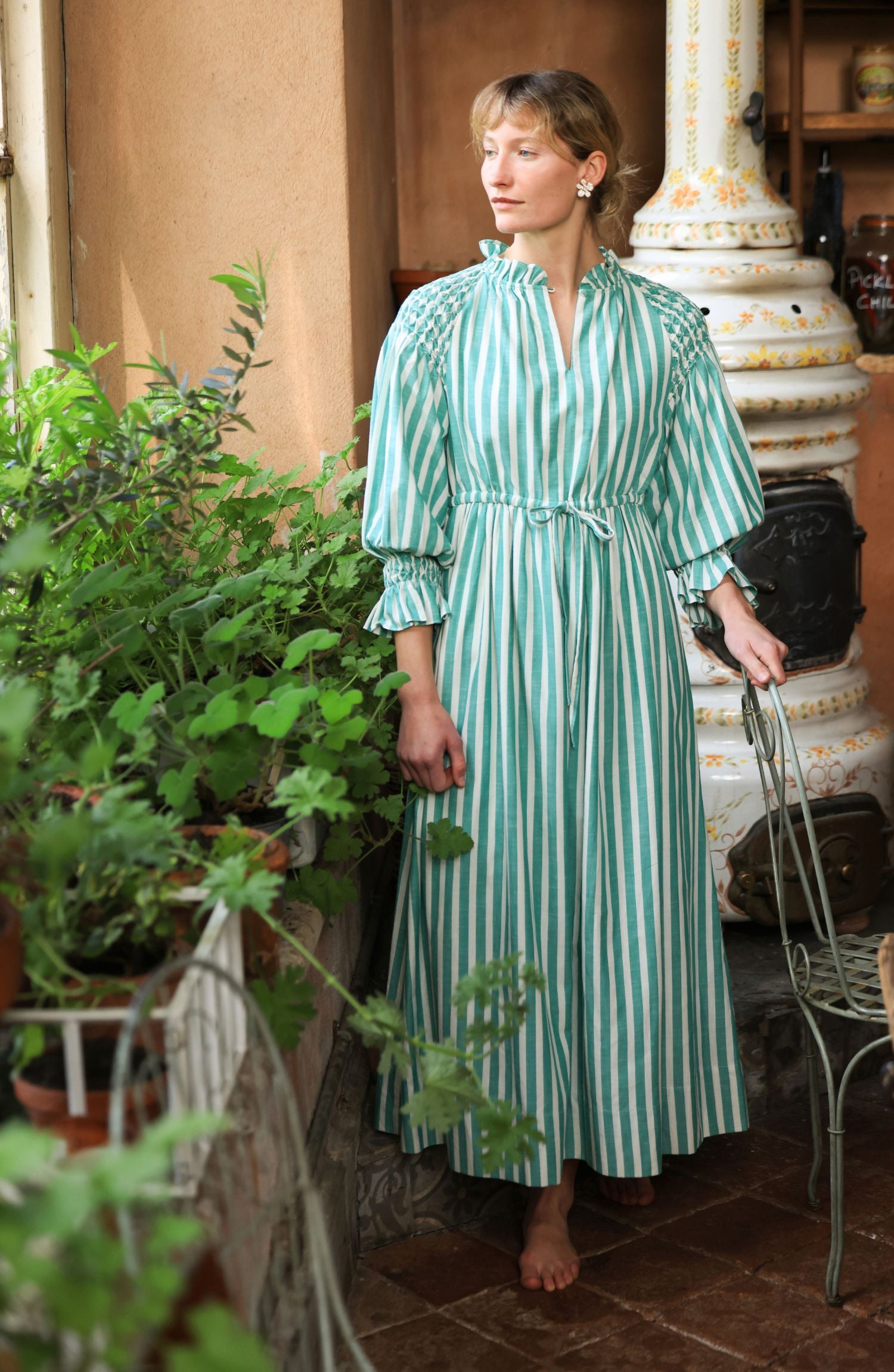 Aloha Wanderwell Dress Wimbledon Stripe with White Honeycomb Hand Smocking