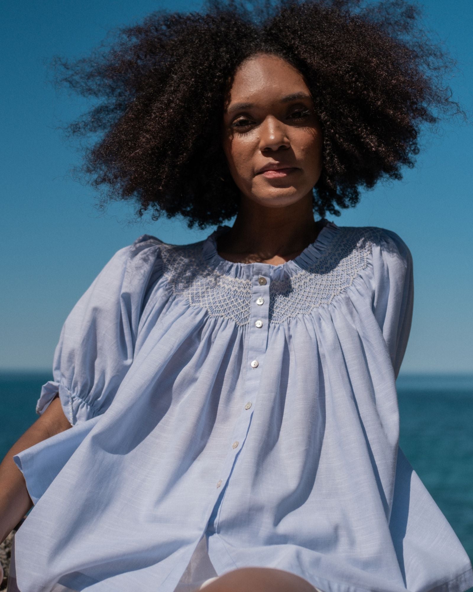 Cleopatra Blouse Blue Sky Cotton with Chalk Hand Smocking Edition 51