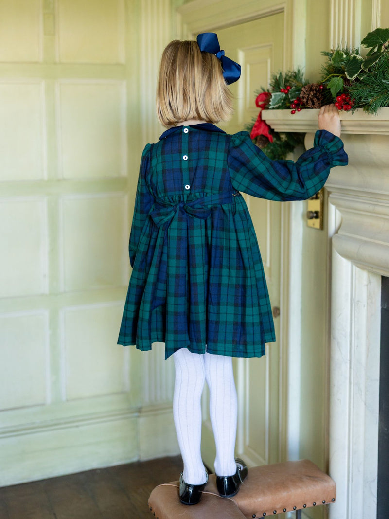 Margaret Thatcher Dress Black Watch Tartan with Golden Glimmer Hand Smocking