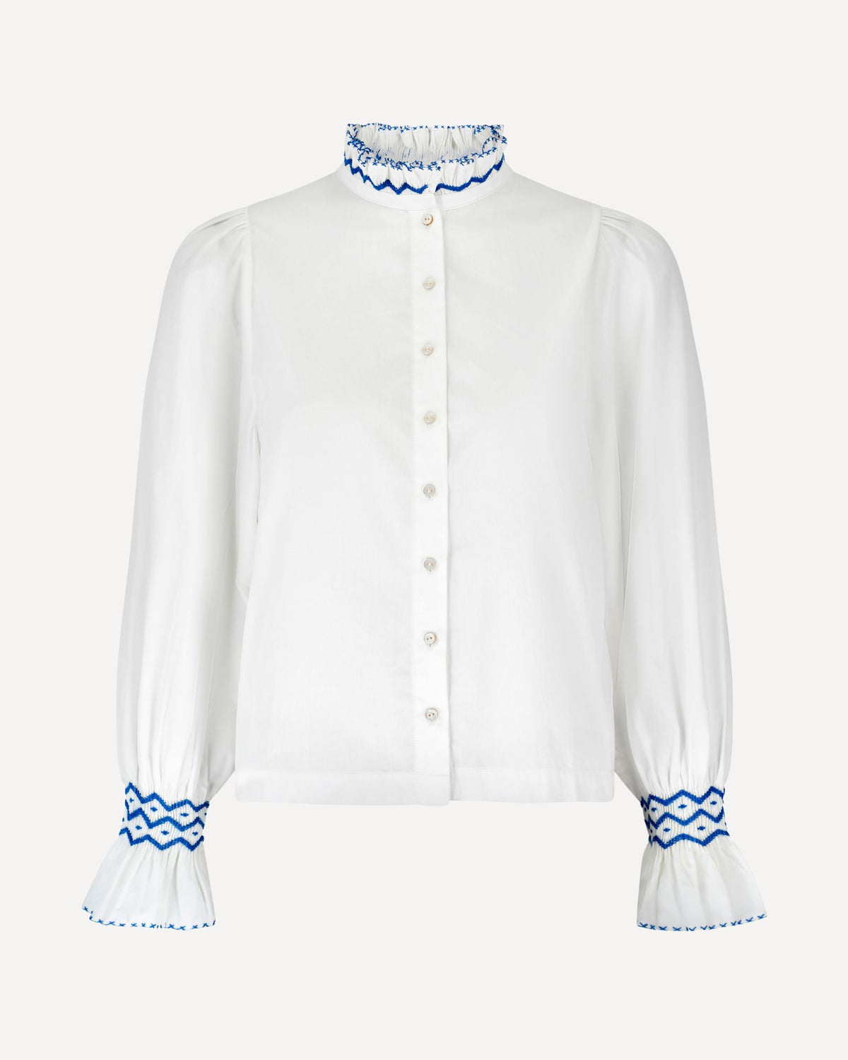 Shelley Blouse White Cotton with Sapphire Hand Smocking
