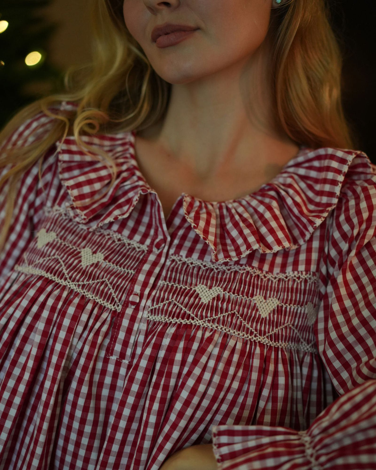 Nightingale Women's Dress Crimson Gingham with Snow Angel Hand Smocking