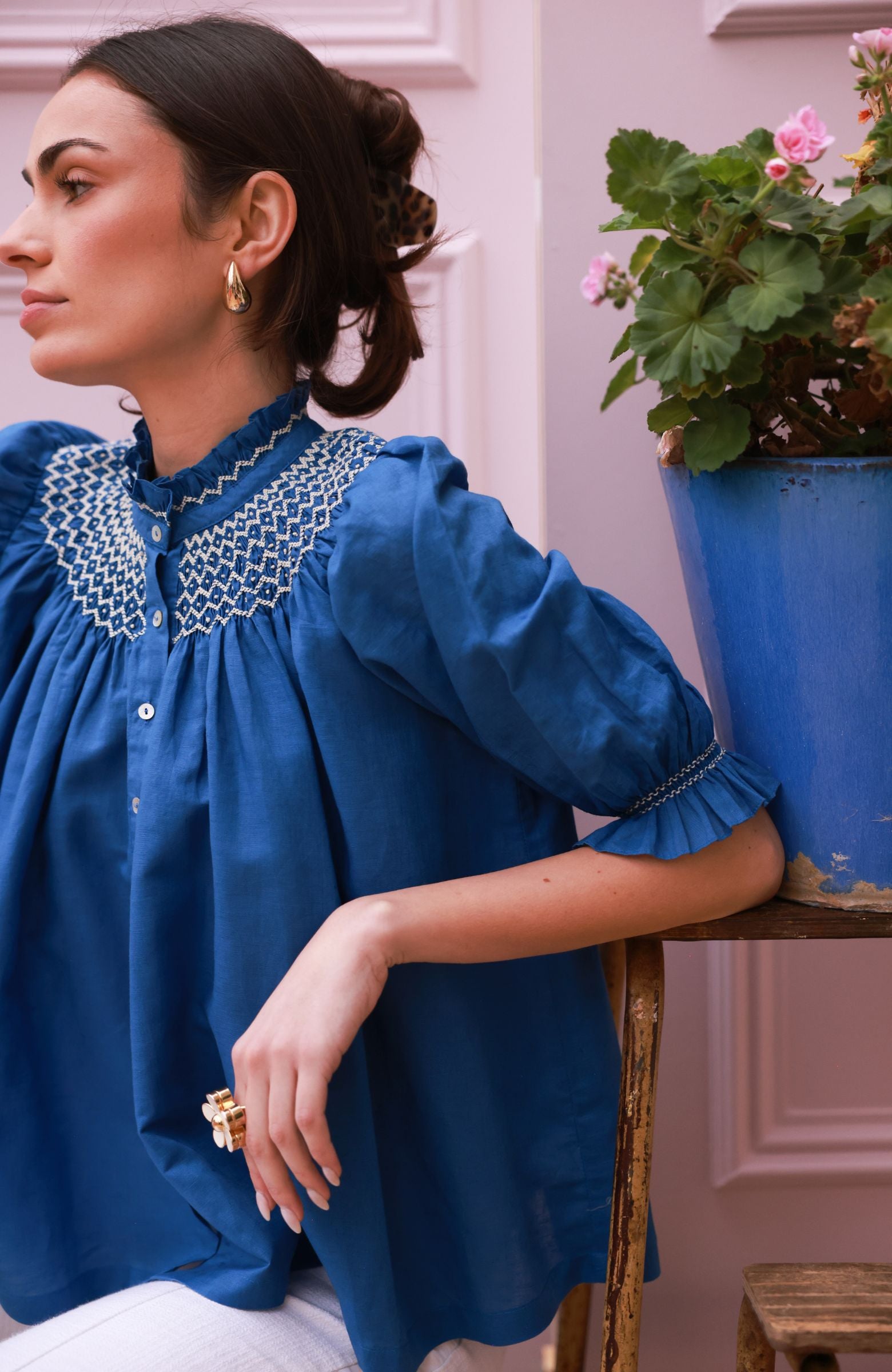 Scholl Blouse Cobalt Linen with Vanilla Hand Smocking Edition 54
