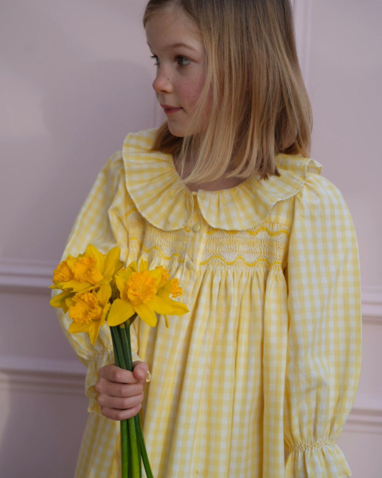 Nightingale Girl's Dress Primrose Gingham with Daffodil Hand Smocking