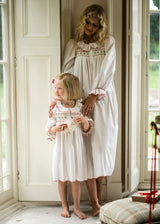 2-3y Samantha Varvel x Smock London Nightingale Girls Dress Moonstone White with Candy Cane Trim and Holly Hand Smocking