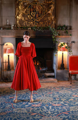 Ella Fitzgerald Women's Dress Crimson Silk-Cotton with Sleigh Bell Hand Smocking