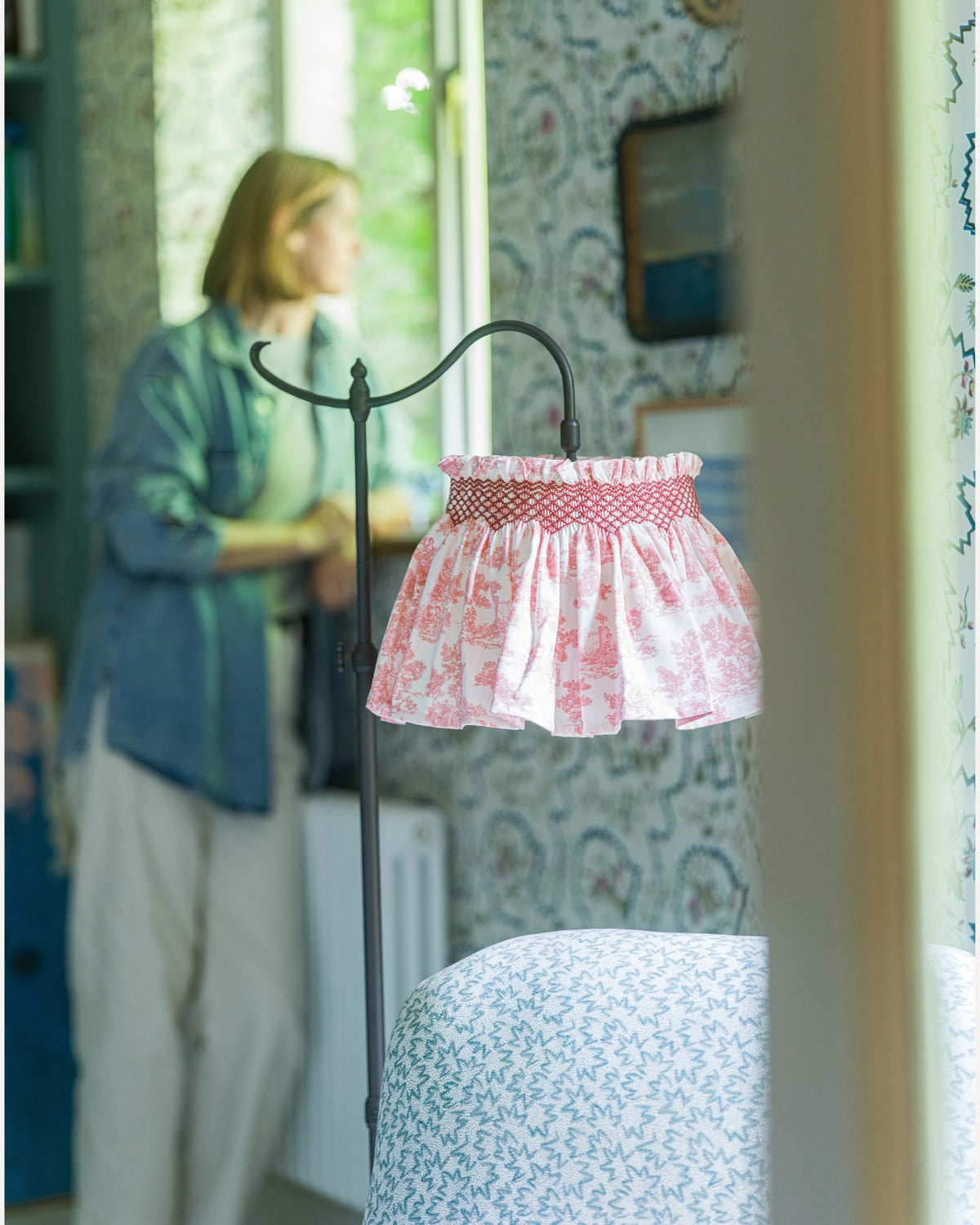 Edit58 x Smock London Elsie Lampshade Terracotta Toile with Cassis Hand Smocking