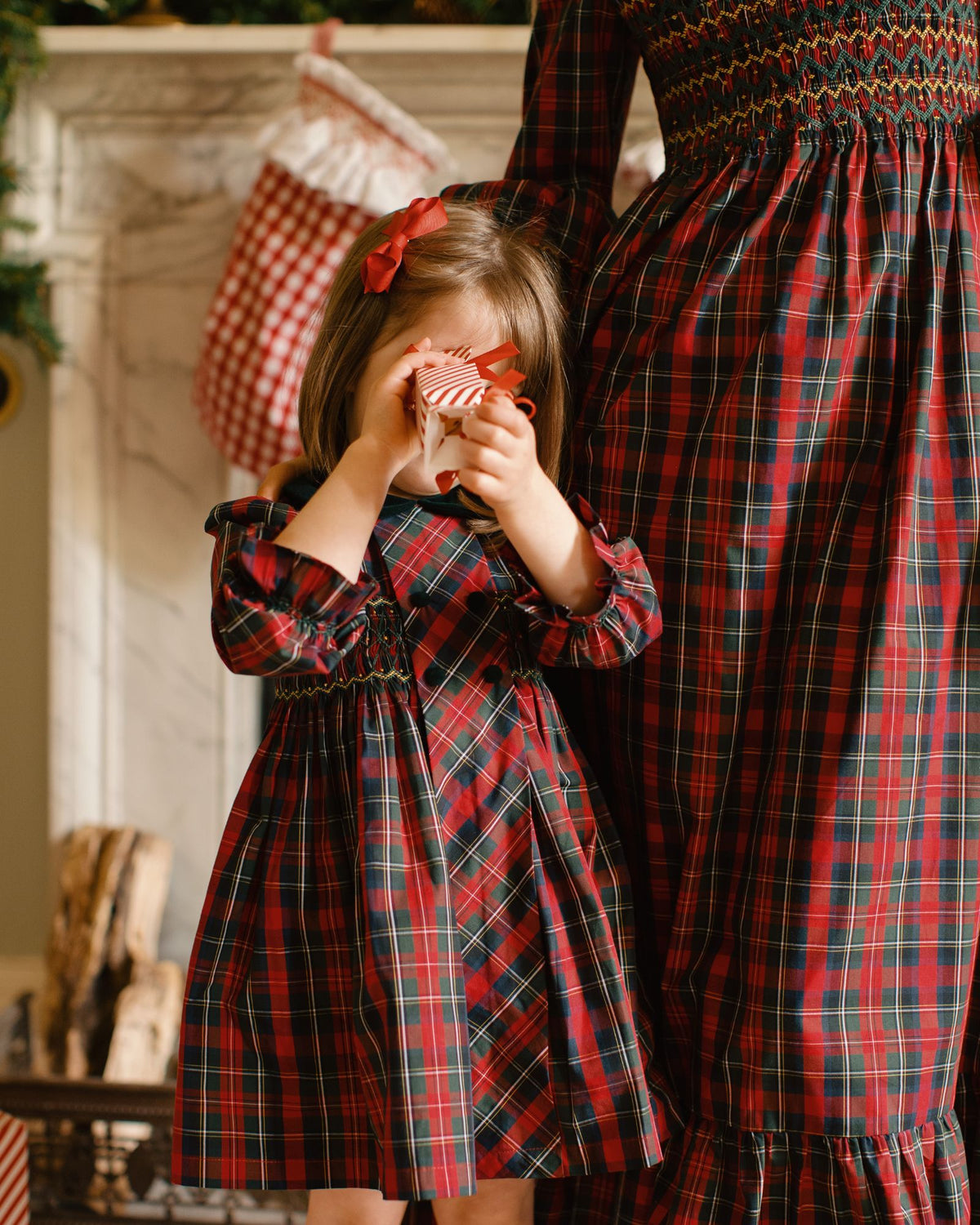 Thatcher Dress McDonald Tartan with Green and Glitter Hand Smocking