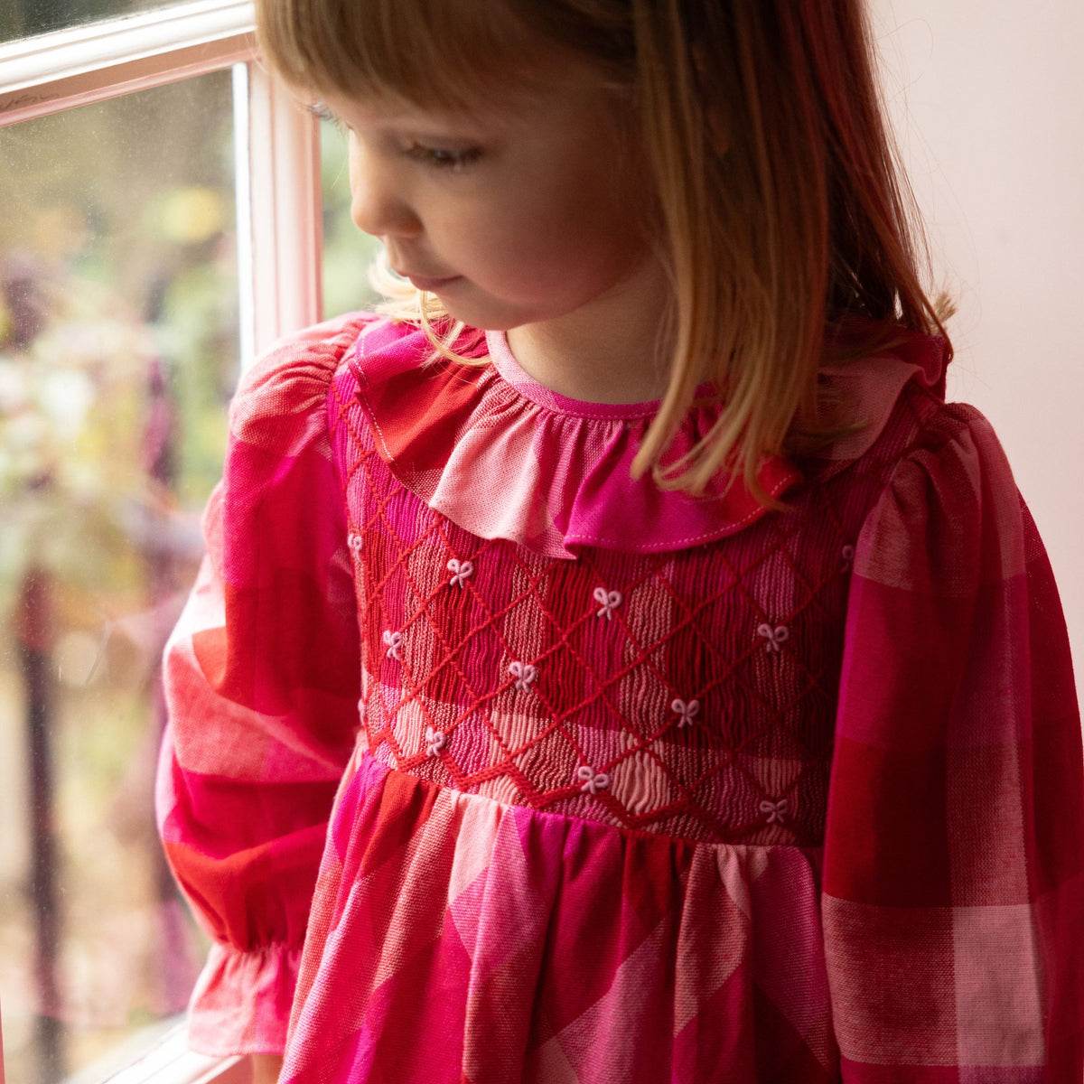2-3y & 3-4y Katherine Johnson Dress Great Gingham with Crimson Bows Hand Smocking