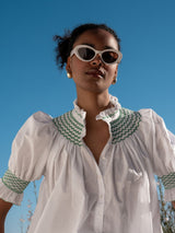 Scholl Women's Summer Blouse White with Green Apple Hand Smocking