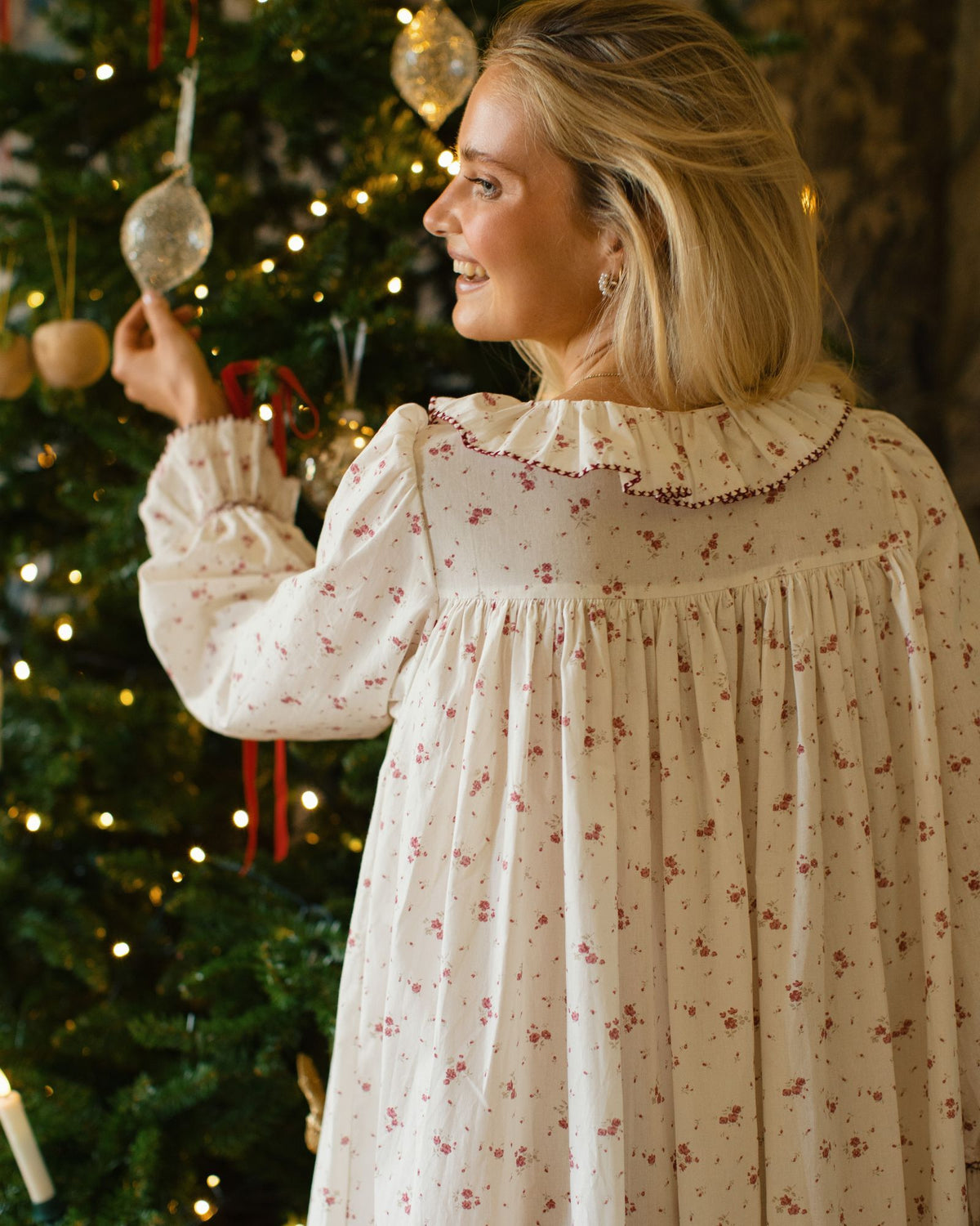Nightingale Women's Dress Yuletide Floral with Cranberry smocking
