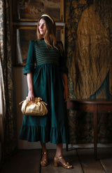 Emmeline Pankhurst Women's Dress Pine Tree Needlecord with Nordic Sparkle Hand Smocking