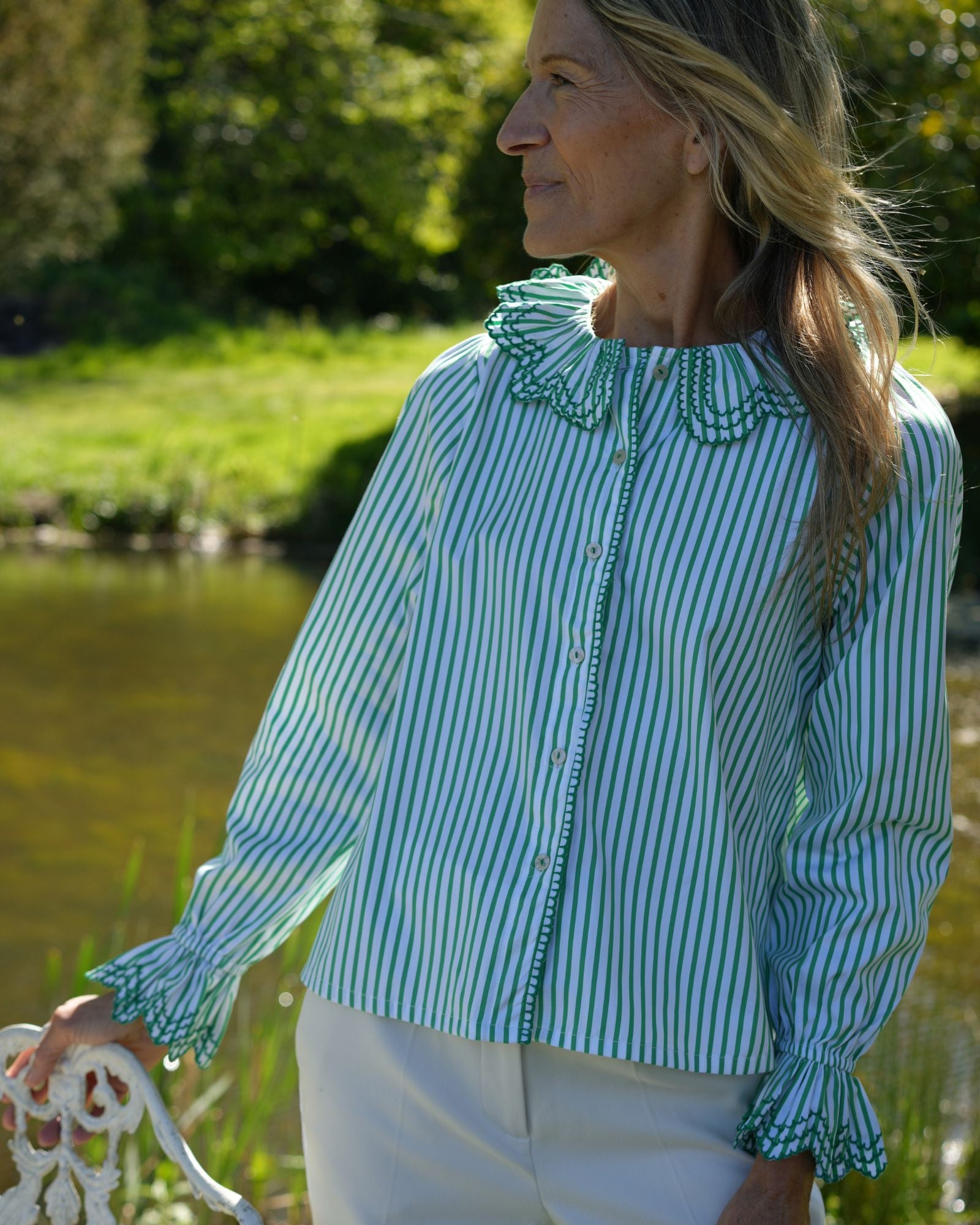 Bronte Blouse Mow the Lawn Stripe with Grass Embroidery
