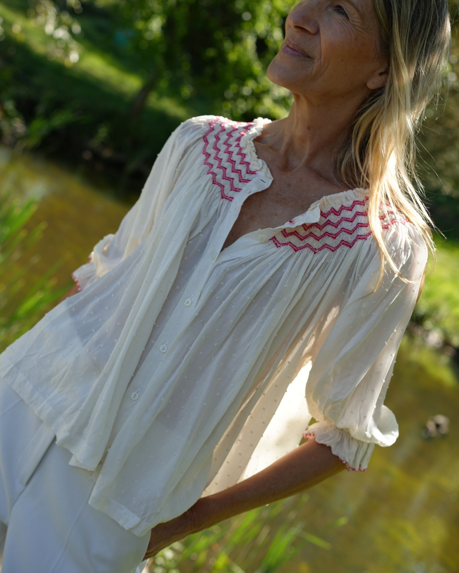 Cleopatra Blouse Cotton Puff Plumetti with Hearts on Fire Hand Smocking Edition 44