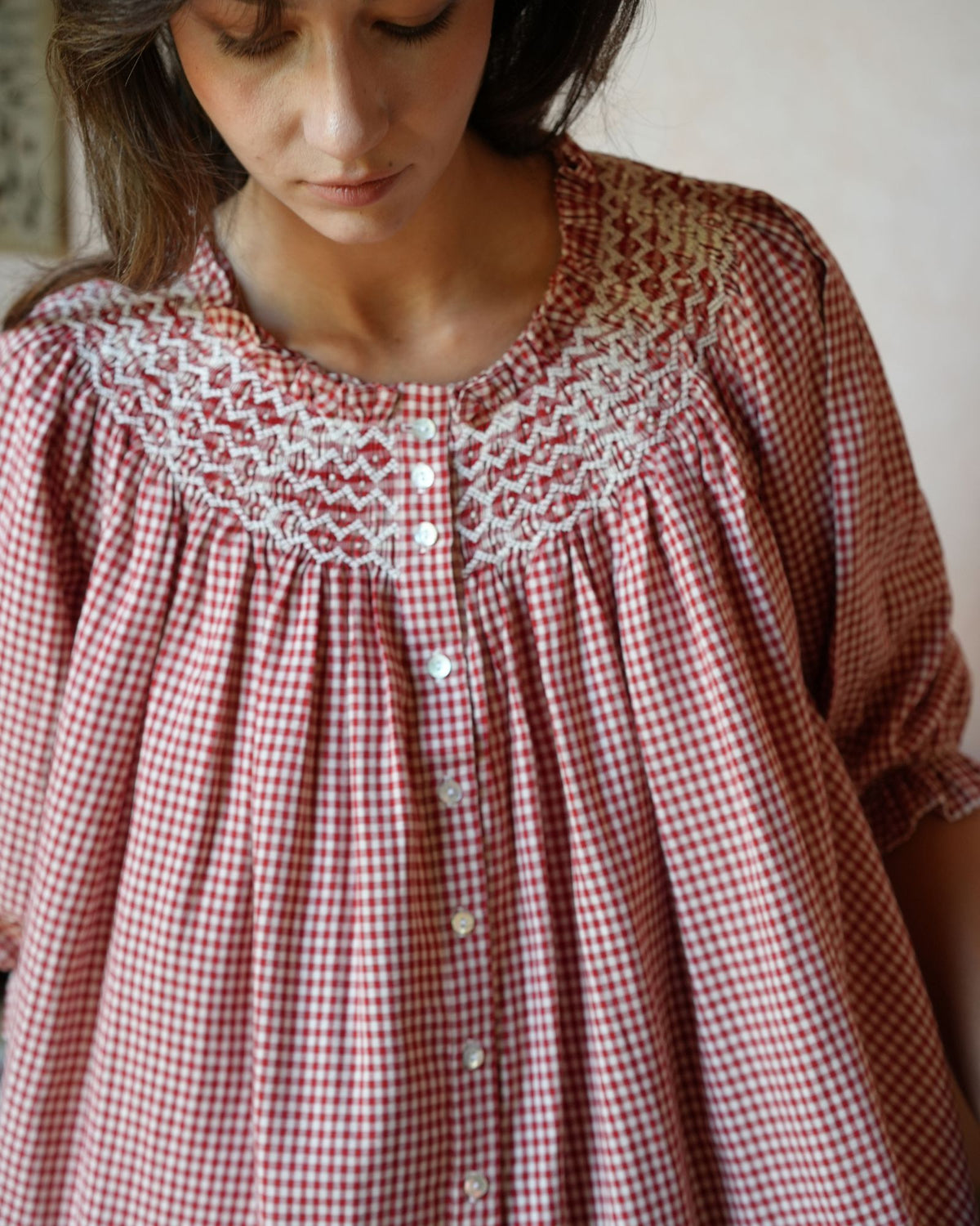 Cleopatra Blouse Red Apple Vichy with Cream Hand Smocking Edition 48