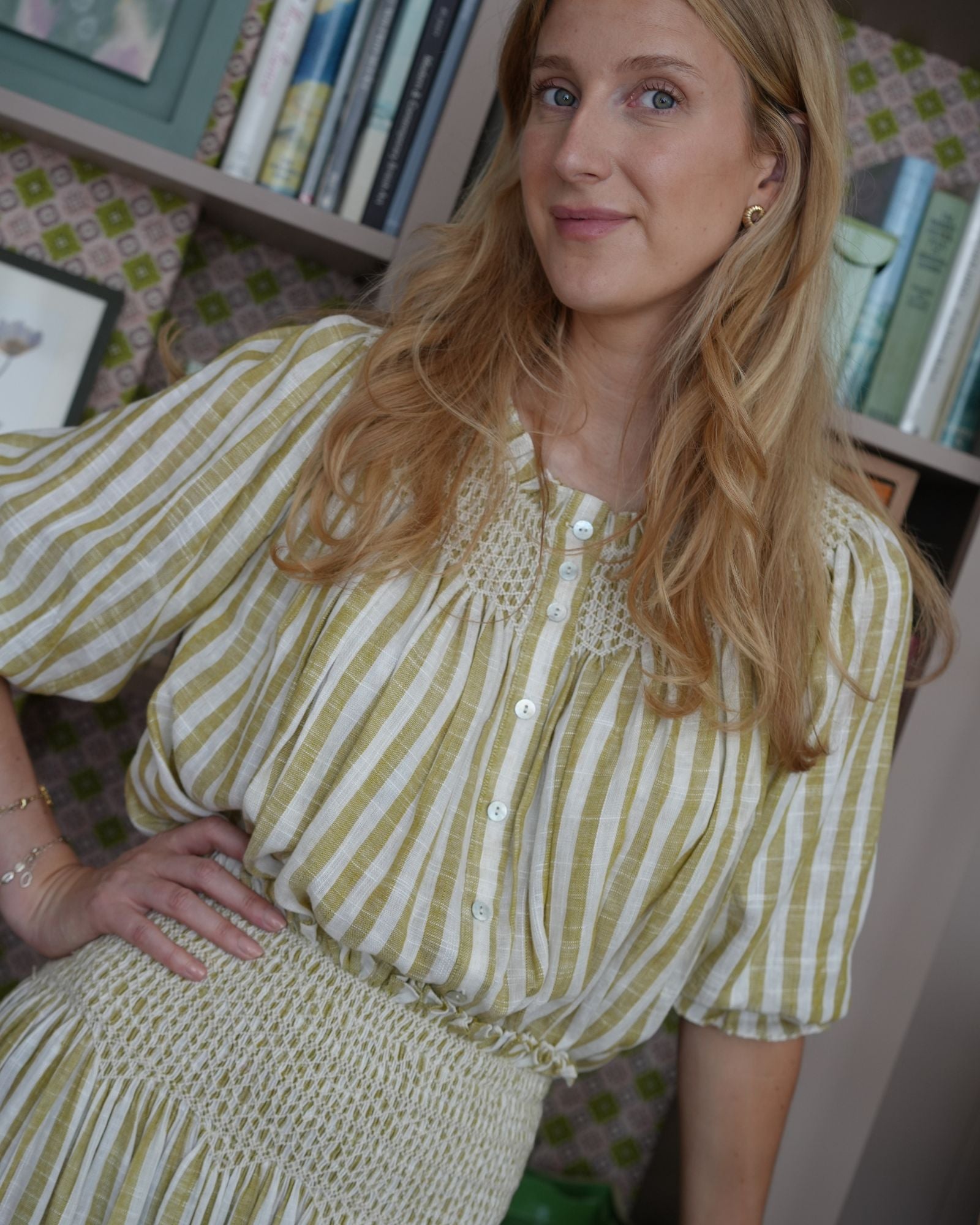 Domenica Marland x Smock London Cleopatra Blouse Pistachio Stripes with Ecru Hand Smocking