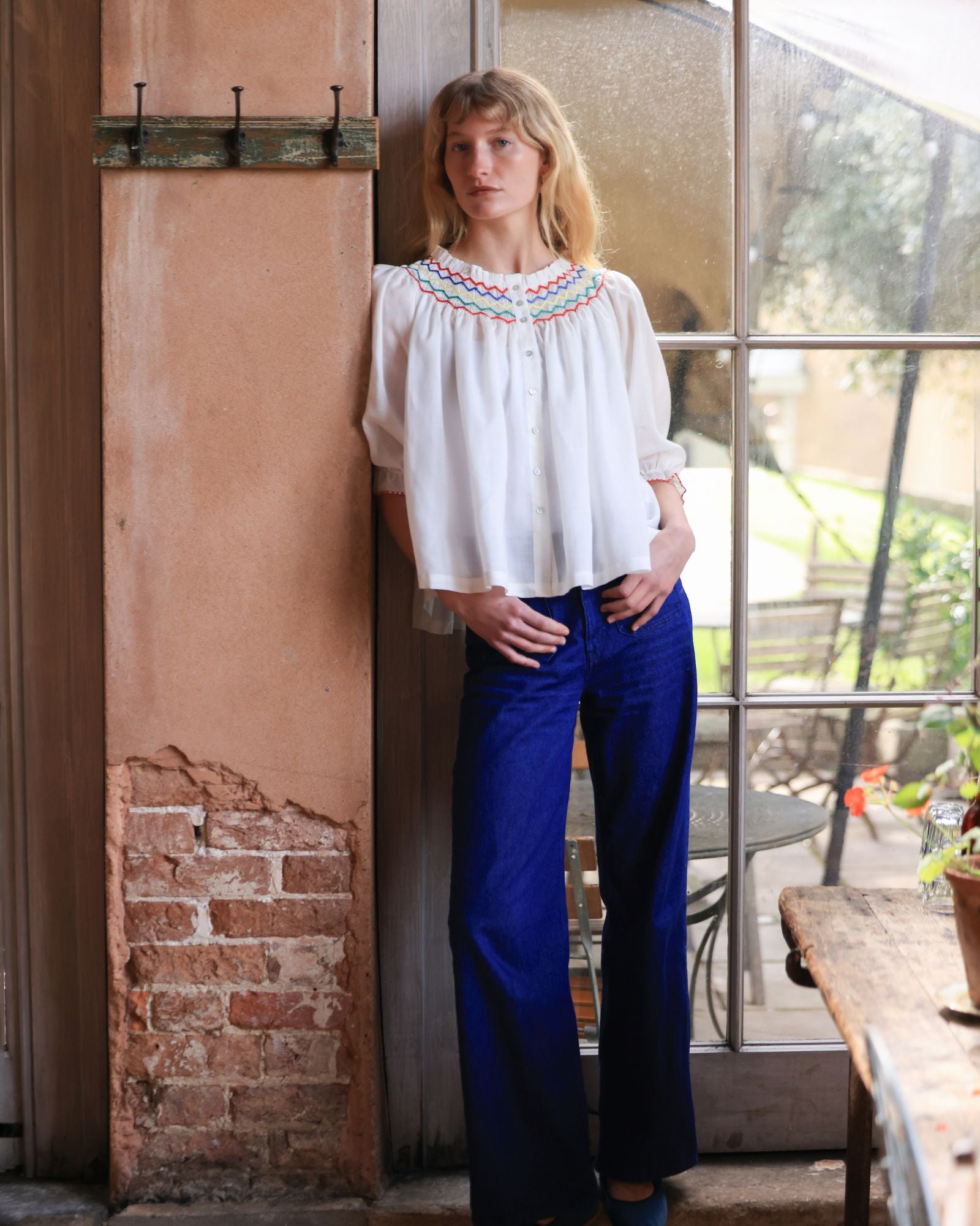 Cleopatra Blouse White Weave with Primary Colour Hand Smocking Edition 50